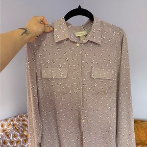 LOFT Dusty Mauve Floral-Print Button-Down Shirt Size Large